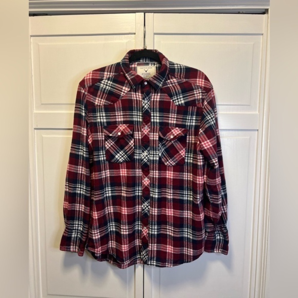 Cactus Man Flannel Long Sleeve Shirt With Pearl Snaps Size Men Medium